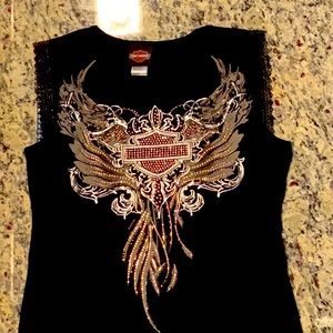 SZ M Harley Davidson black Tank rhinestone lace